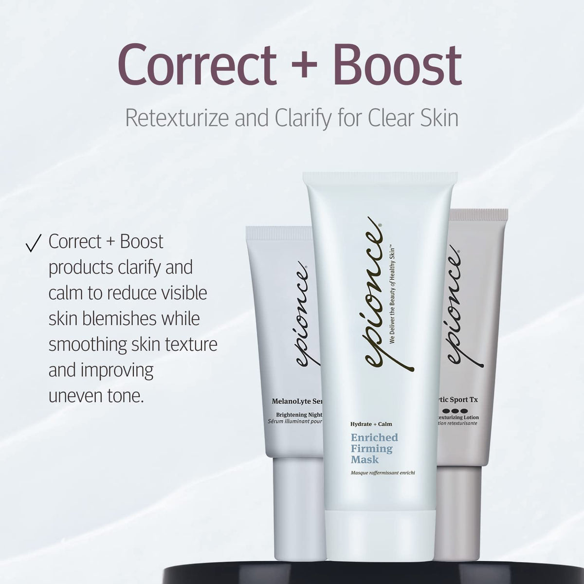 Epionce applied to cheek demonstrating smoothing and calming effect
