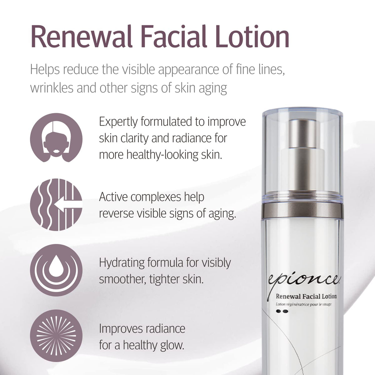 Epionce pump dispensing lotion demonstrating easy application benefit
