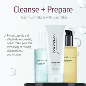 Applying Epionce toner with cotton pad to remove leftover oil