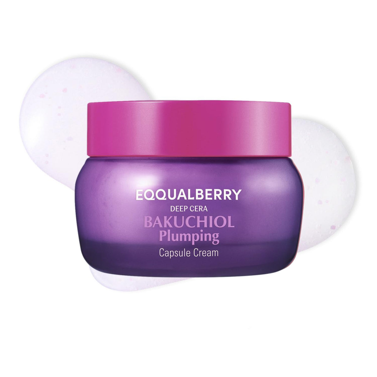 EQQUALBERRY front packaging of bakuchiol plumping capsule cream showing jar and label benefits