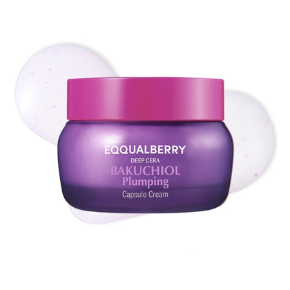 EQQUALBERRY front packaging of bakuchiol plumping capsule cream showing jar and label benefits