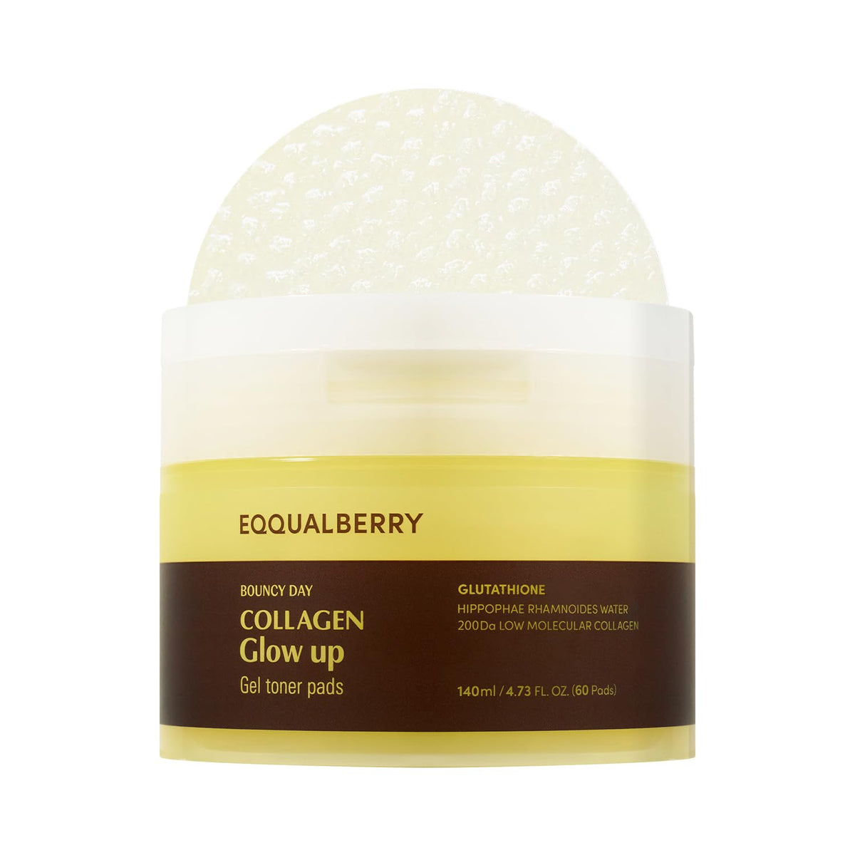 EQQUALBERRY front jar showing collagen glow up gel toner pads for convenient brightening