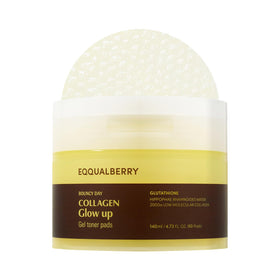 EQQUALBERRY front jar showing collagen glow up gel toner pads for convenient brightening