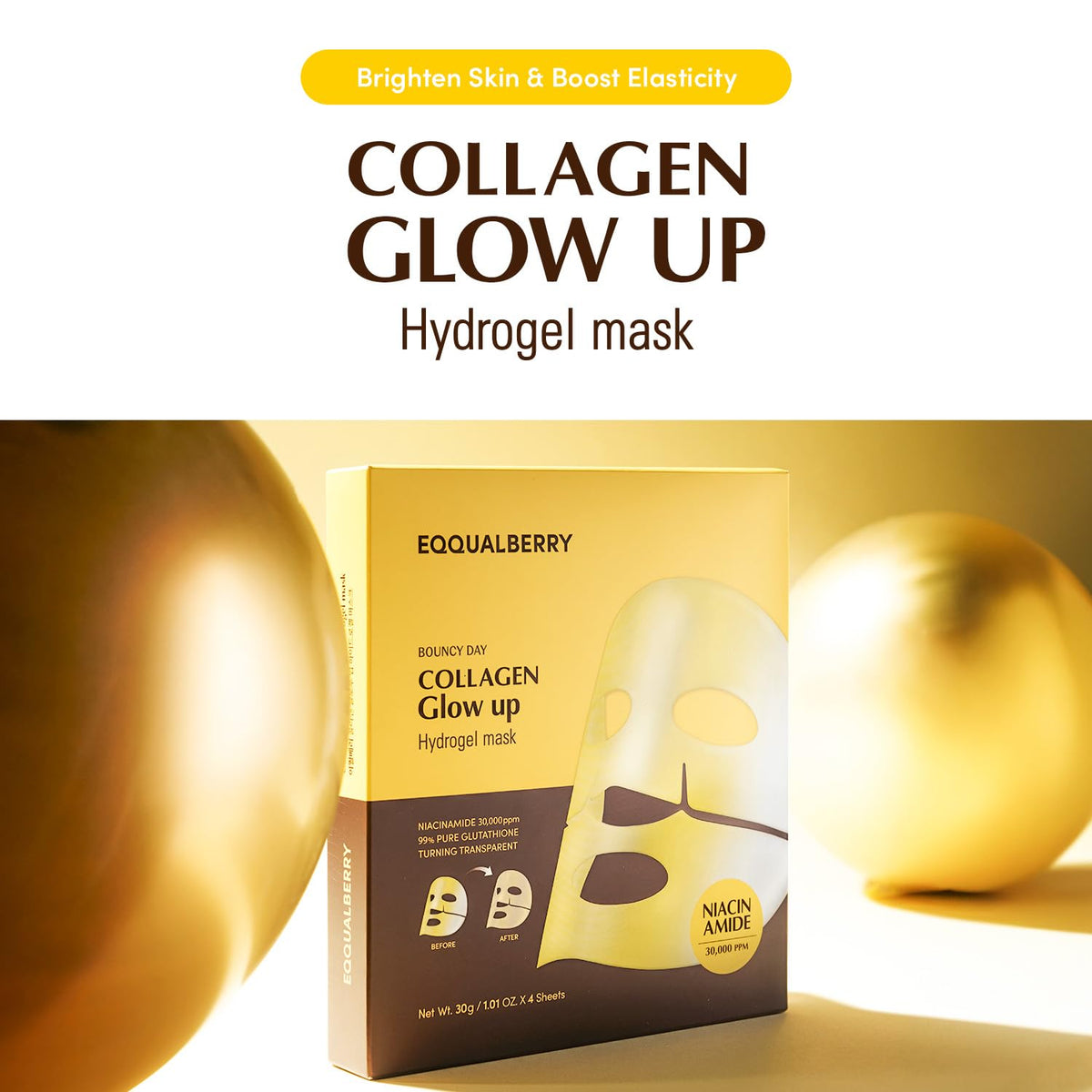 EQQUALBERRY mask sheet adhered to face demonstrating snug fit and absorption