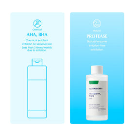 EQQUALBERRY pouring toner from bottle emphasizing lightweight hydration benefit