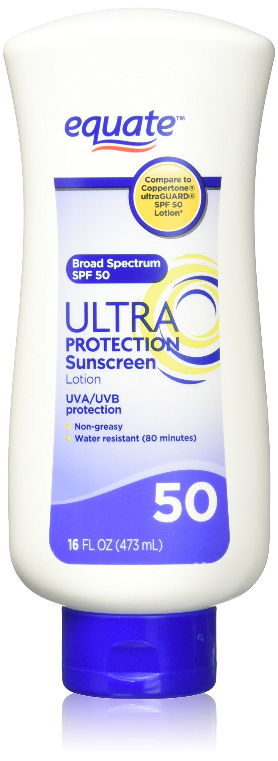 Equate front packaging 16oz bottle showing SPF 50 and broad-spectrum protection for easy identification