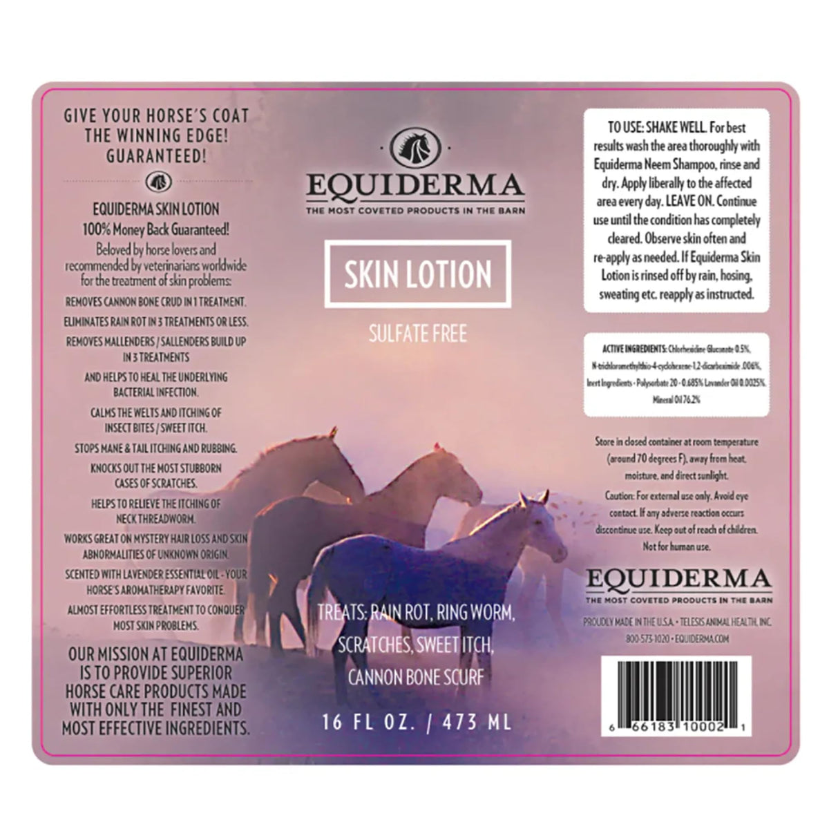 EQUIDERMA label close-up highlighting ingredients and clarity benefit