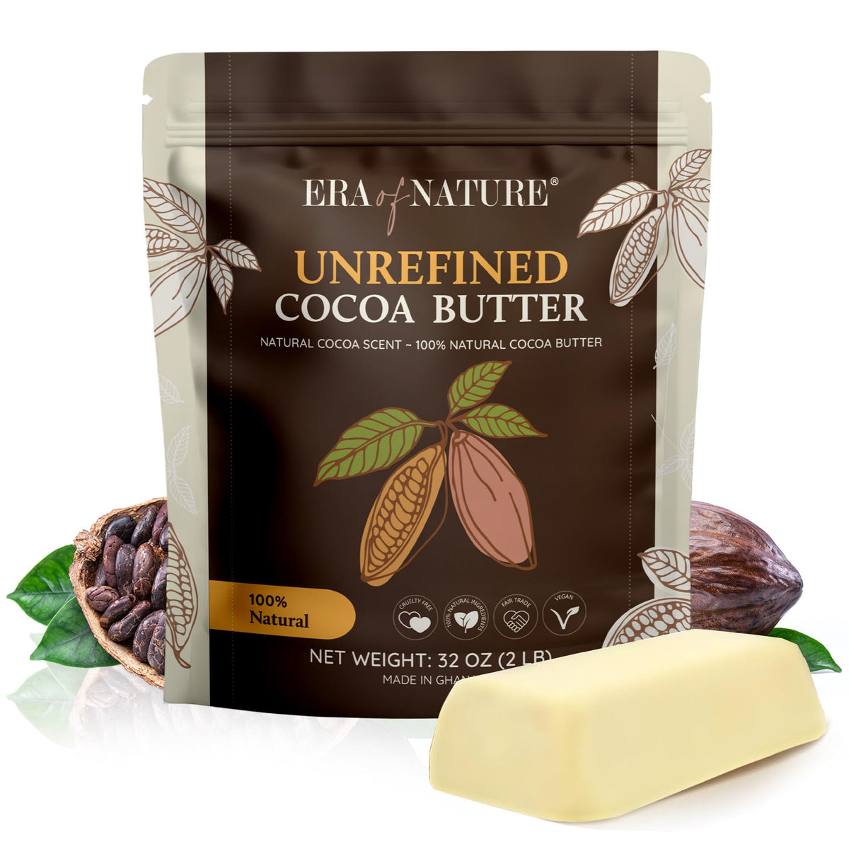 Era of Nature front packaging showing resealable pouch and natural cocoa butter benefit