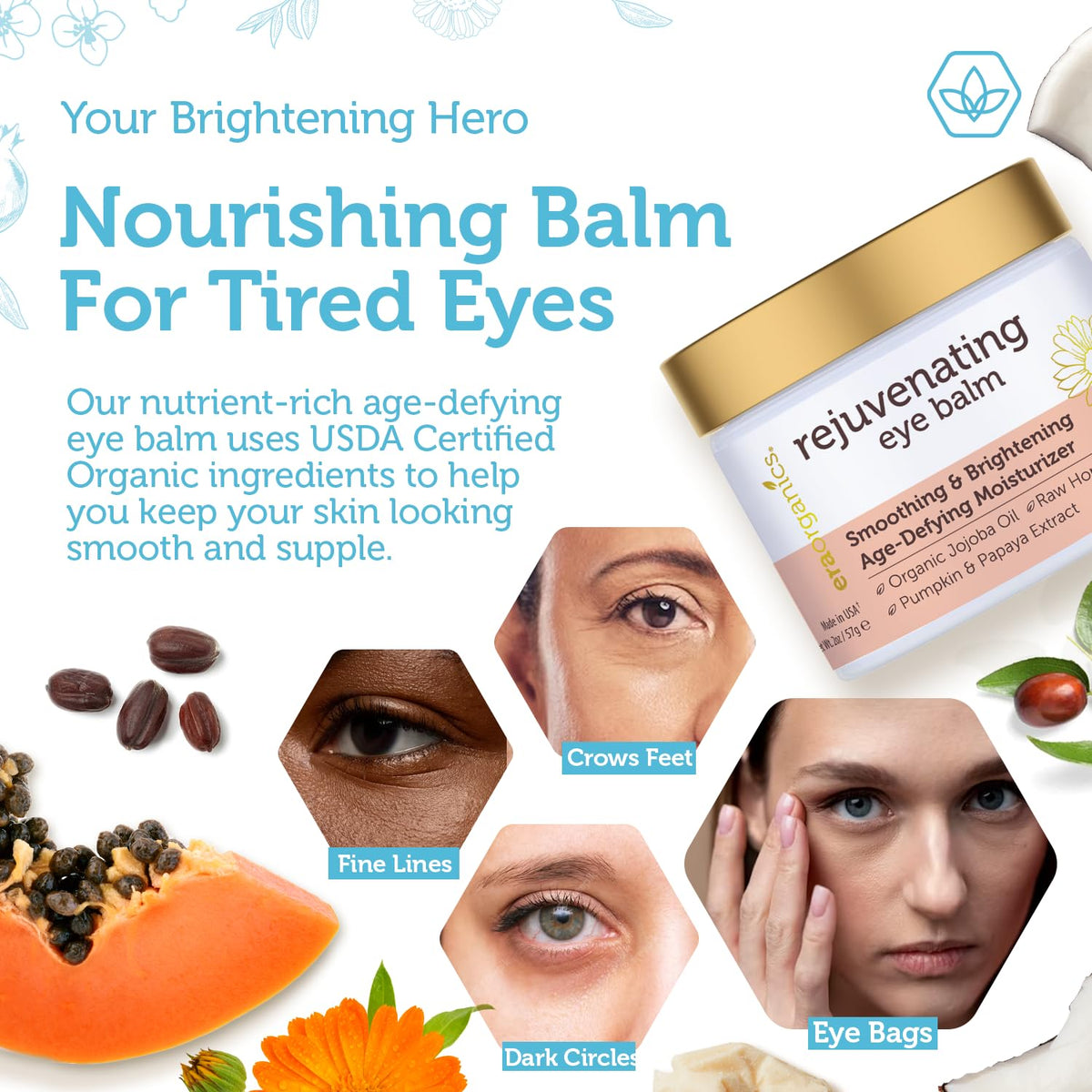 Era Organics ingredient spread with jojoba argan and calendula showing natural benefits