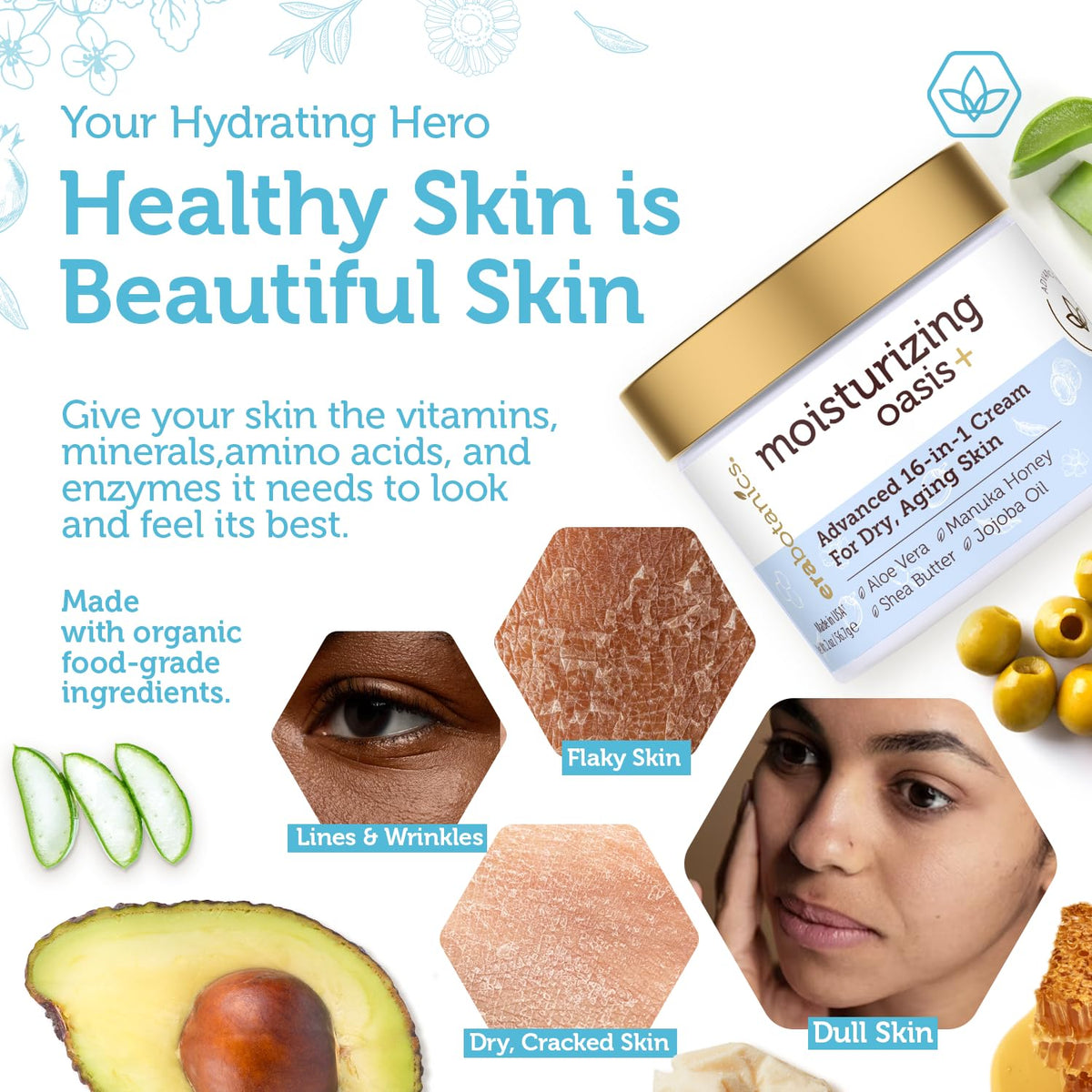 Era Organics ingredients flatlay with aloe and oils highlighting natural nutrients