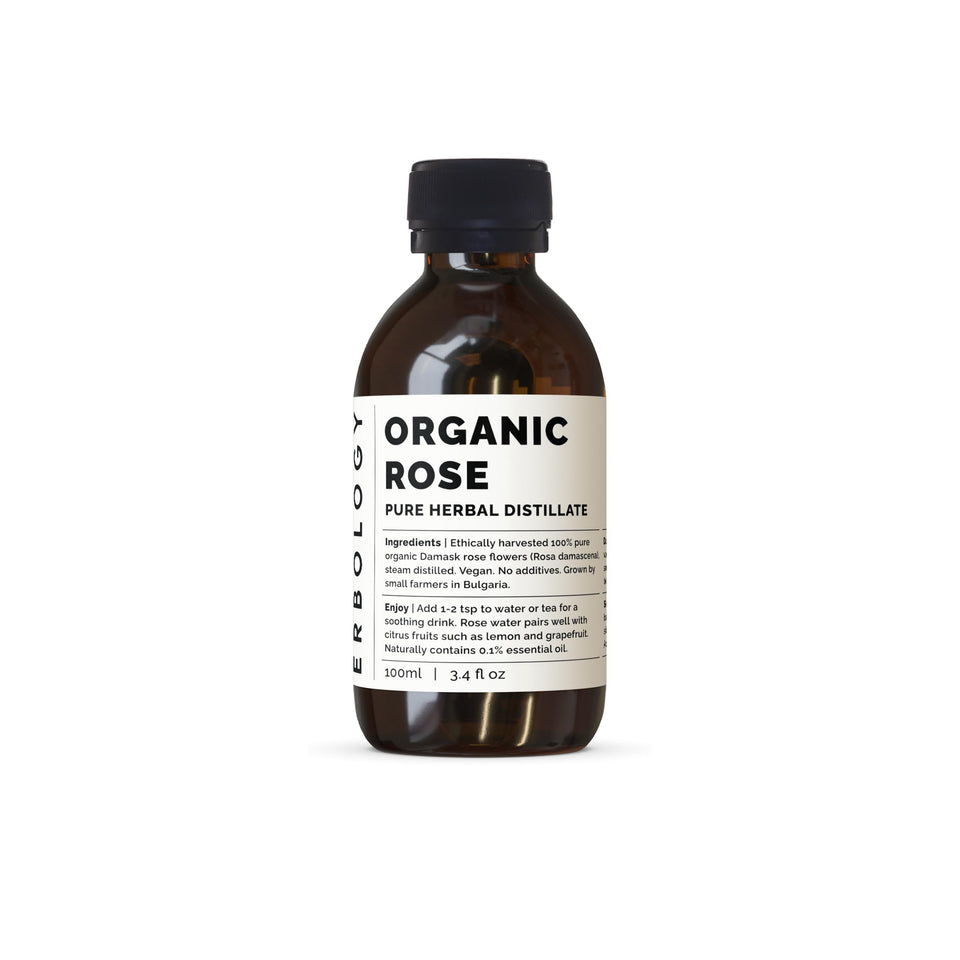 Erbology bottle front view showing label and recyclable glass benefit