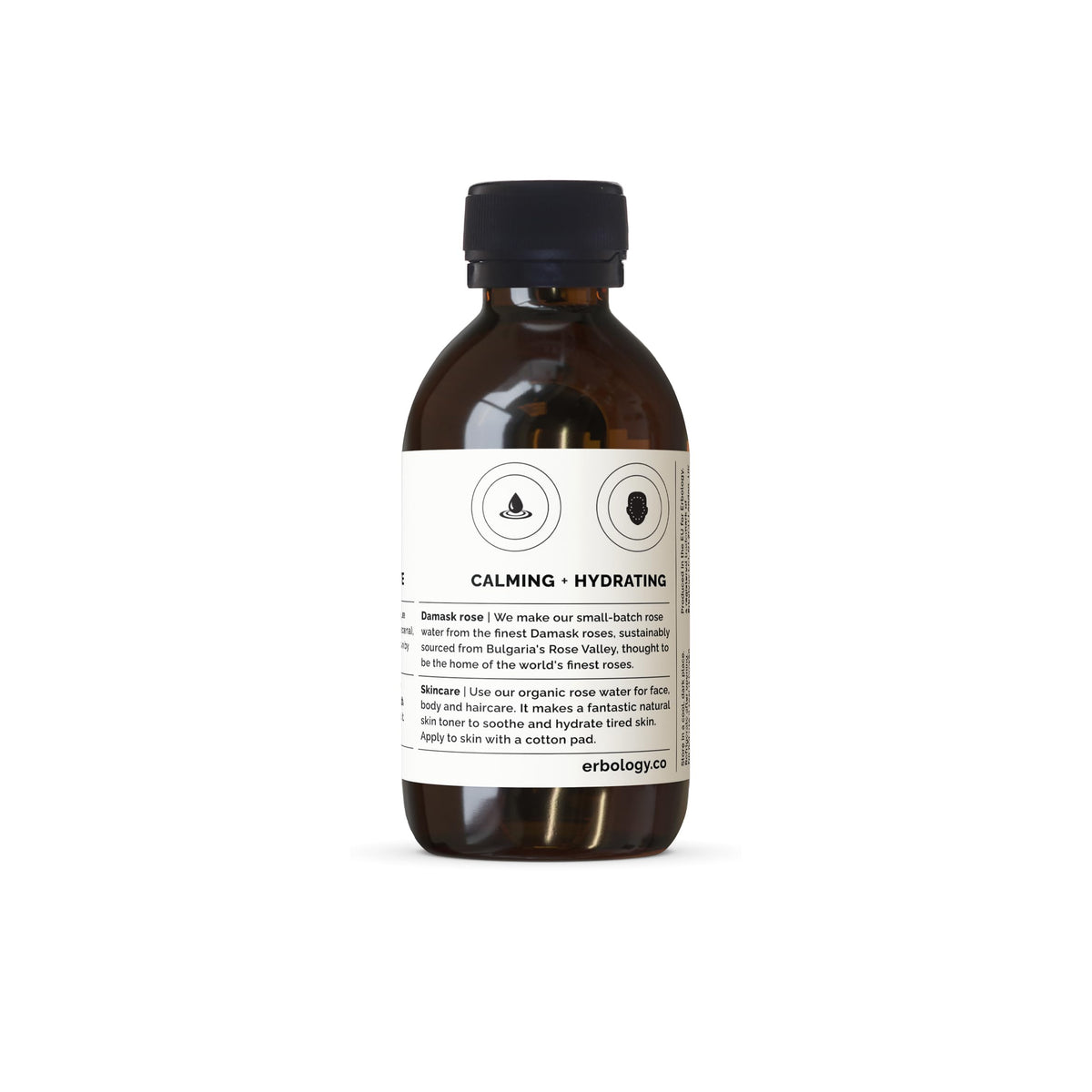 Label detail on Erbology bottle showing organic Damask rose sourcing