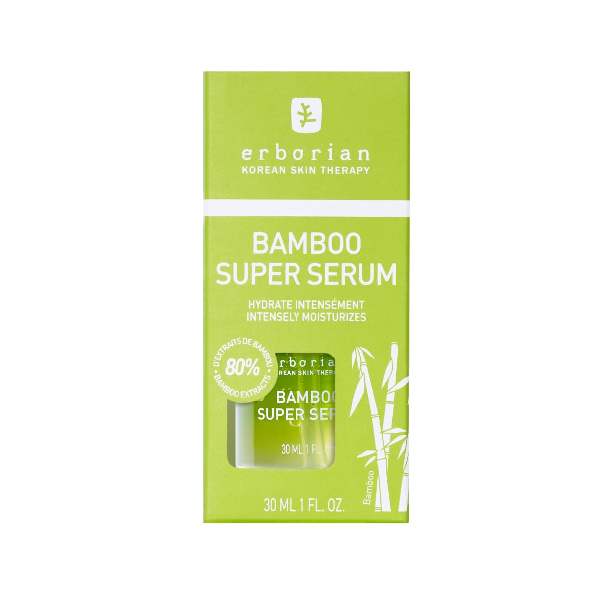 Erborian Bamboo Super Serum pump dispensing serum to demonstrate easy, hygienic use
