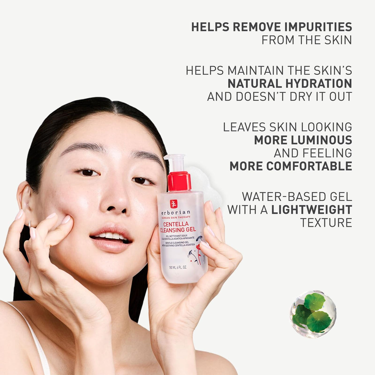 Erborian Centella cleansing gel texture on hand demonstrating gentle lather