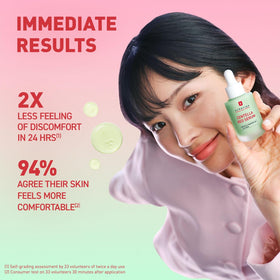 Erborian Centella Red Serum applied on cheek, demonstrates targeted soothing and calming use