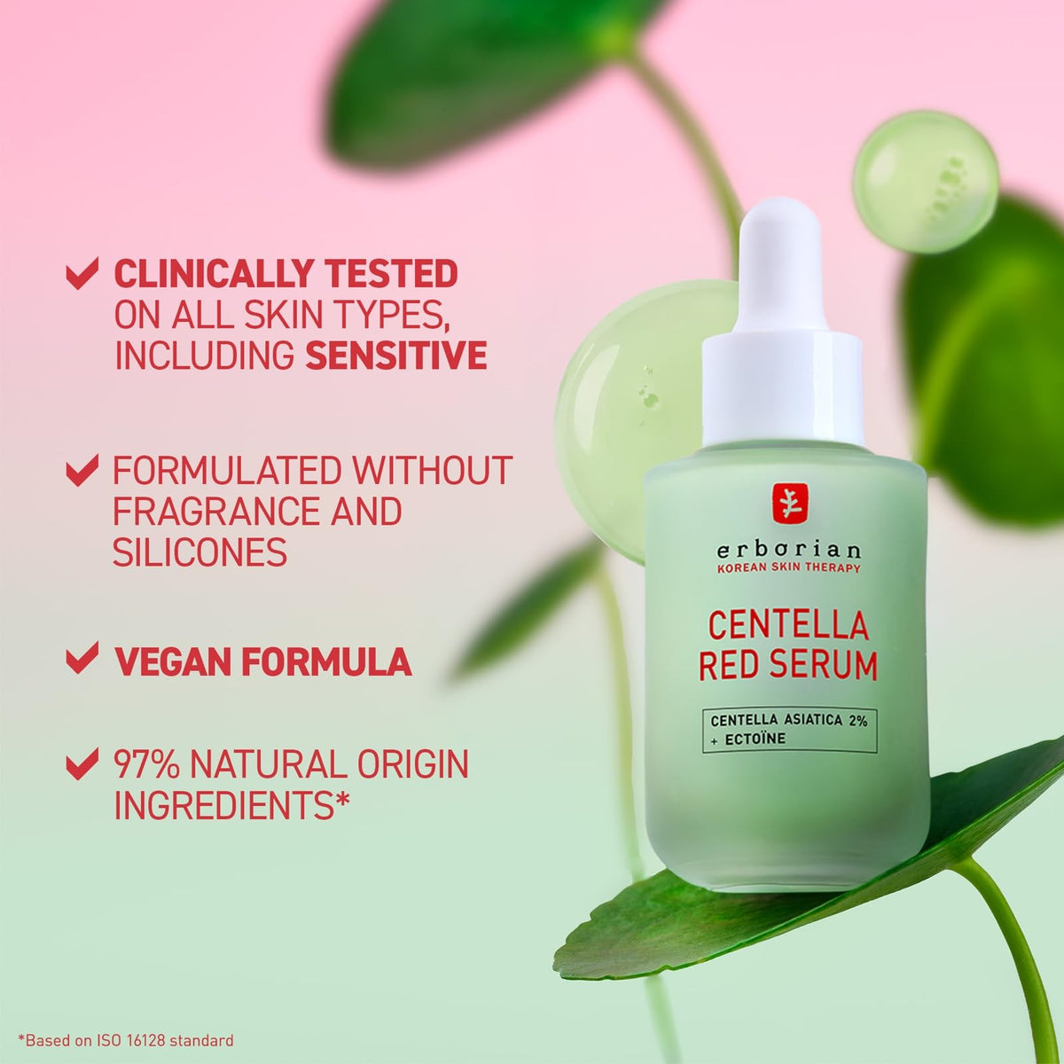 Erborian Centella Red Serum ingredients label close-up, shows key actives and natural origin