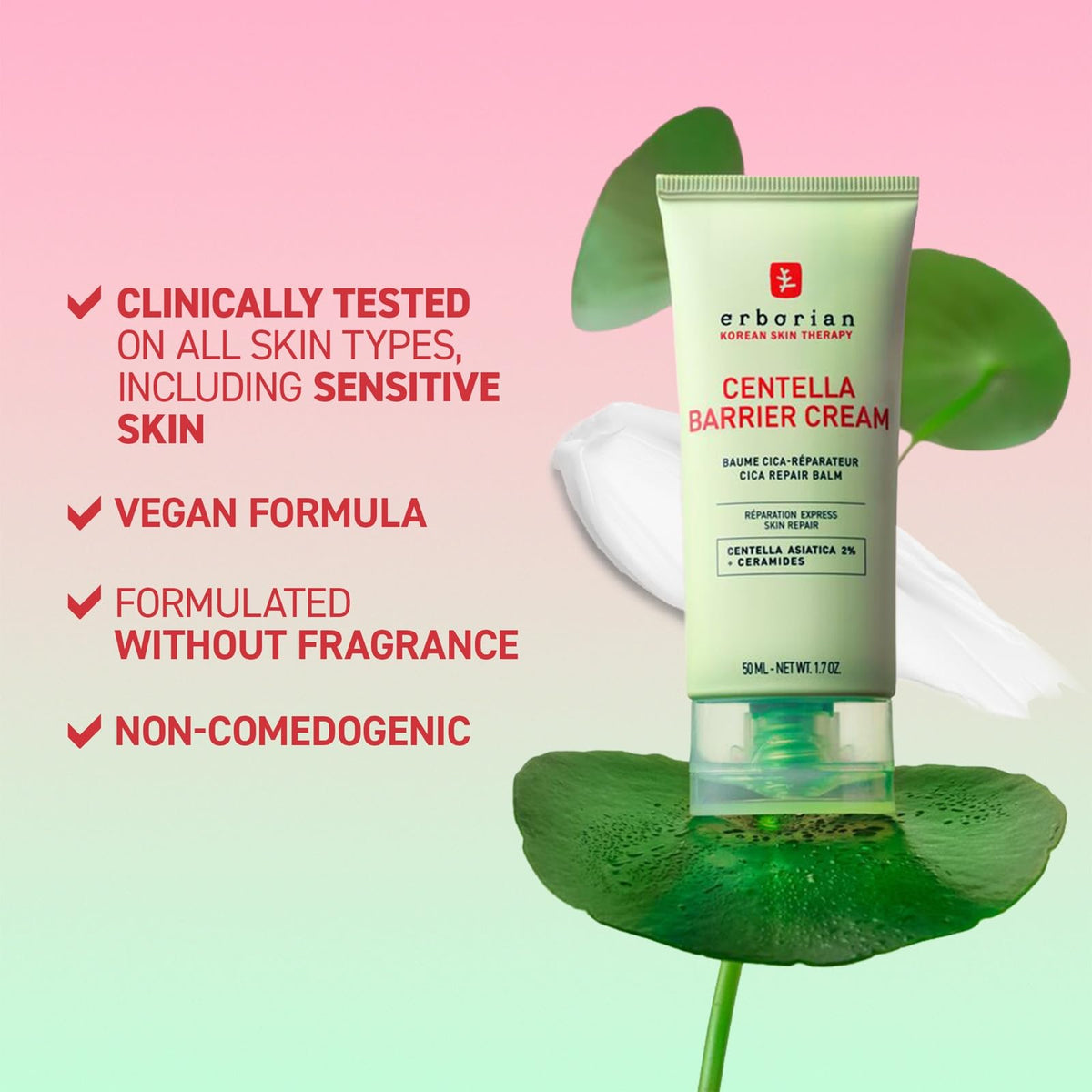 Erborian ingredient label highlighting Centella ceramides and panthenol for barrier support