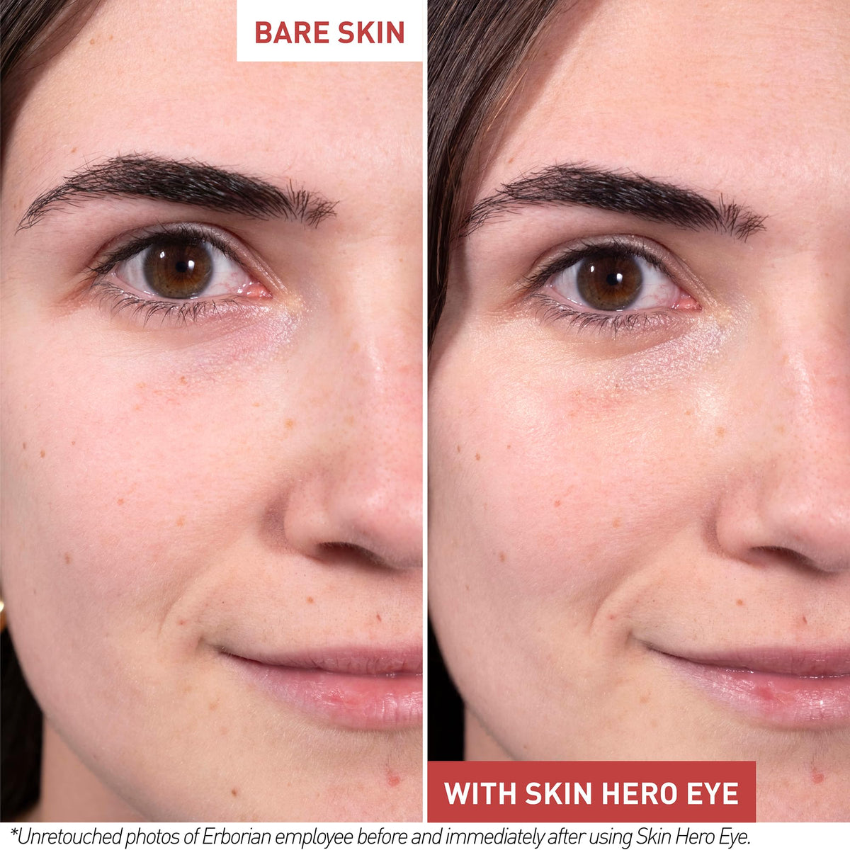 Erborian Skin Hero Eye before and after under-eye comparison showing visible brightening