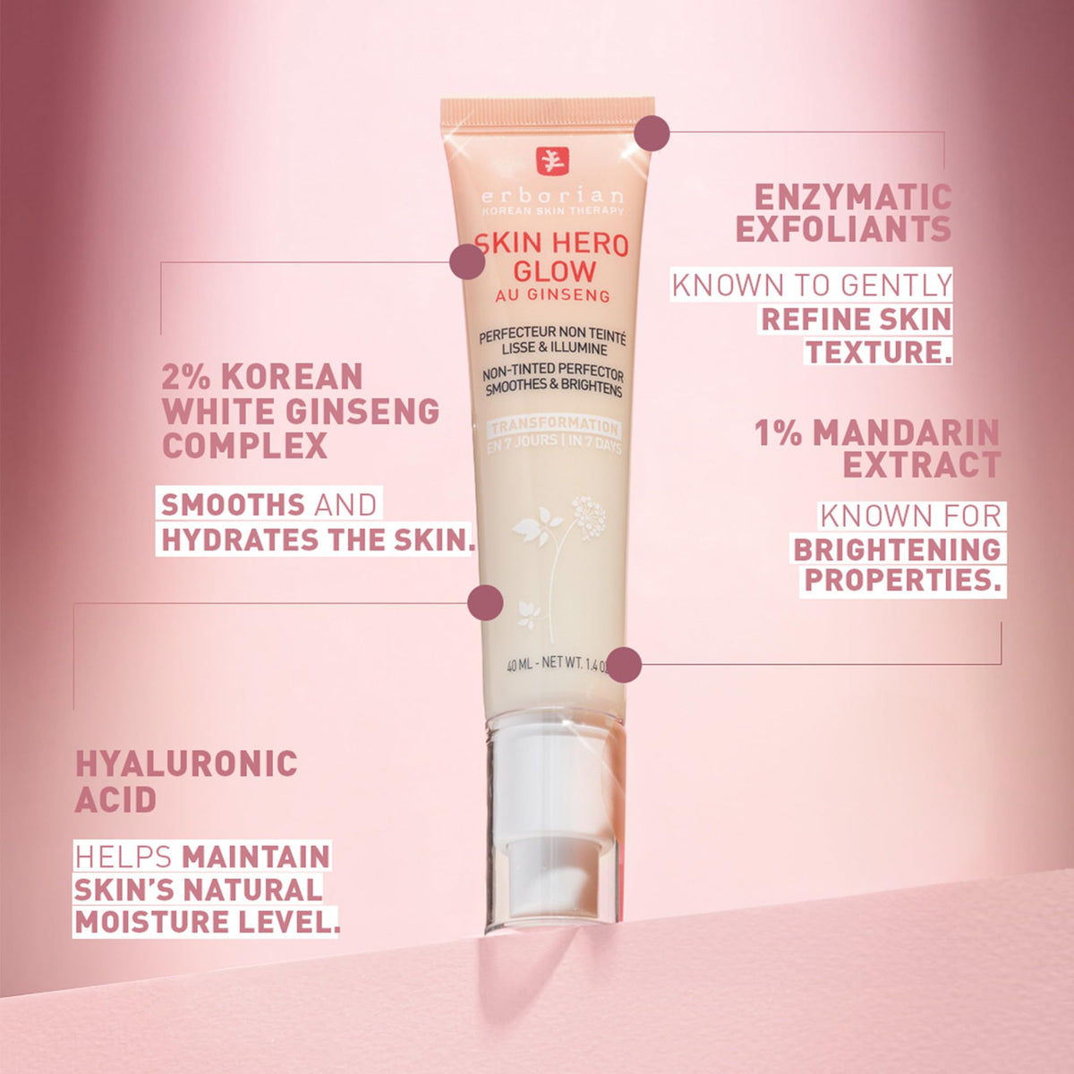 Erborian Skin Hero Glow ingredients display with ginseng and hyaluronic visual