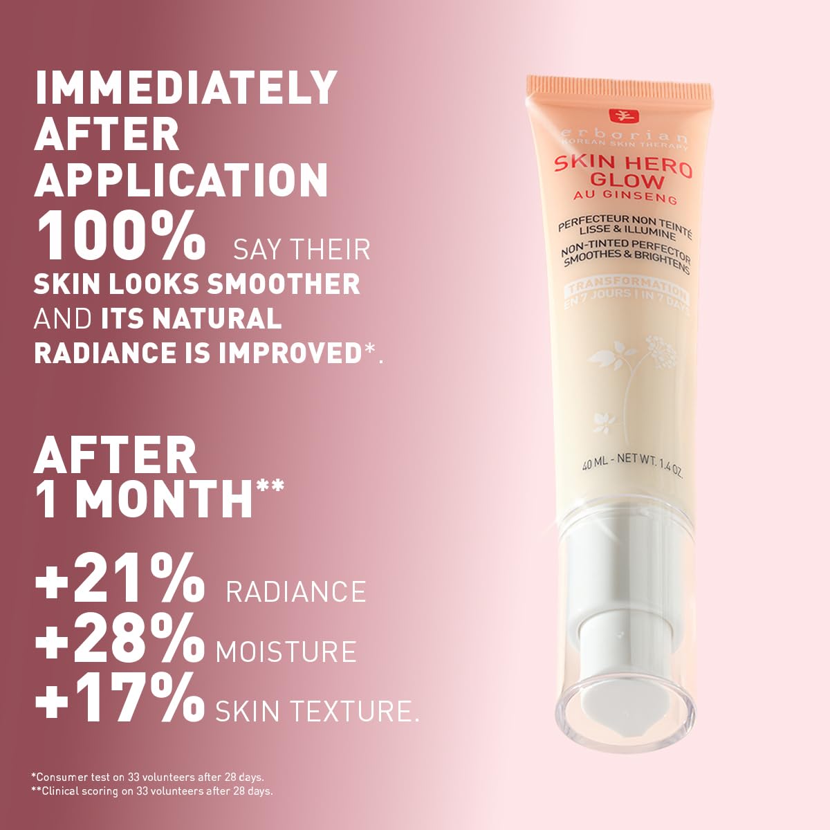 Erborian Skin Hero Glow on skin before and after showing smoother radiance