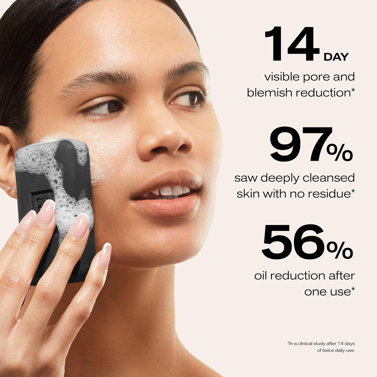Erno Laszlo bar producing charcoal lather in hand to cleanse effectively