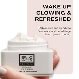 Erno Laszlo ingredients flatlay showcasing Phelityl Complex and emollients