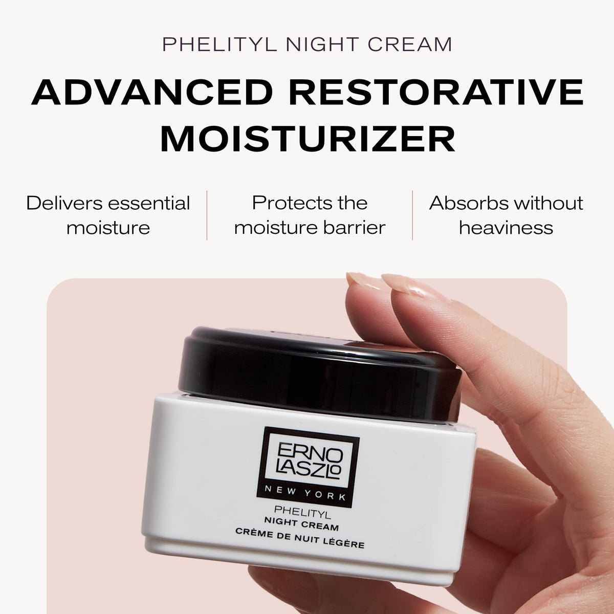 Erno Laszlo cream texture close-up highlighting lightweight, non-greasy feel