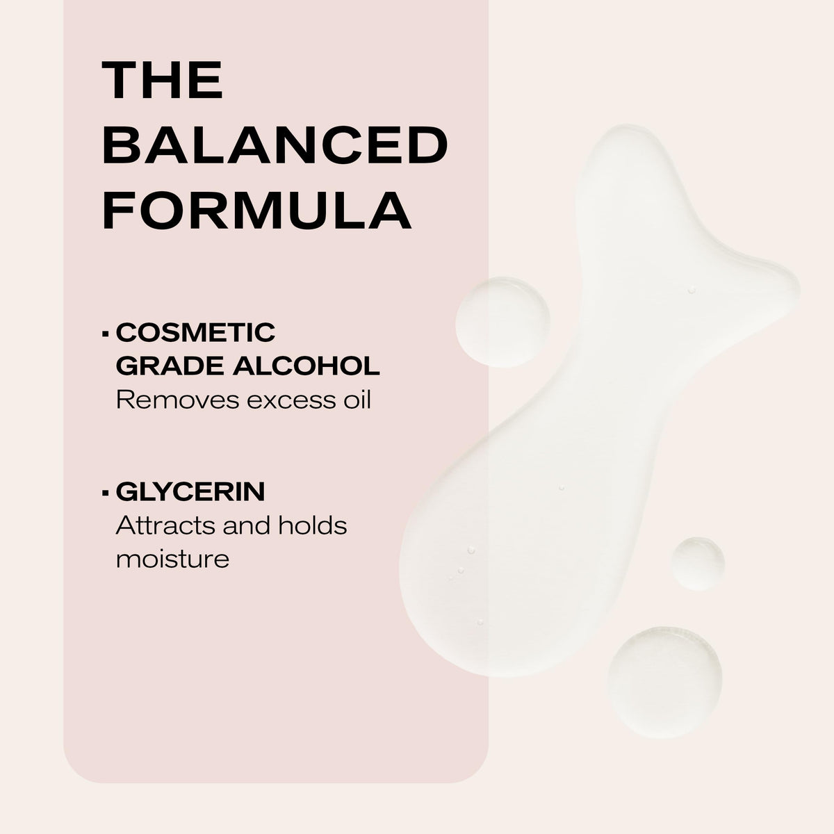 Drop of toner texture on skin showing lightweight hydration and mattifying effect