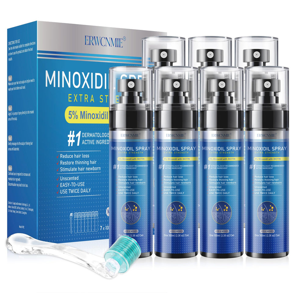 ERWCNMIE front packaging showing seven-bottle kit and dermaroller, clear value