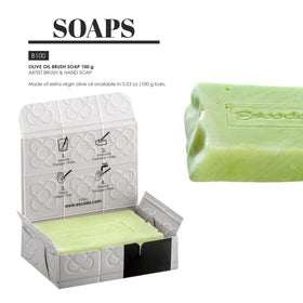 Escoda 100g soap bar beside a ruler showing compact size and travel benefit