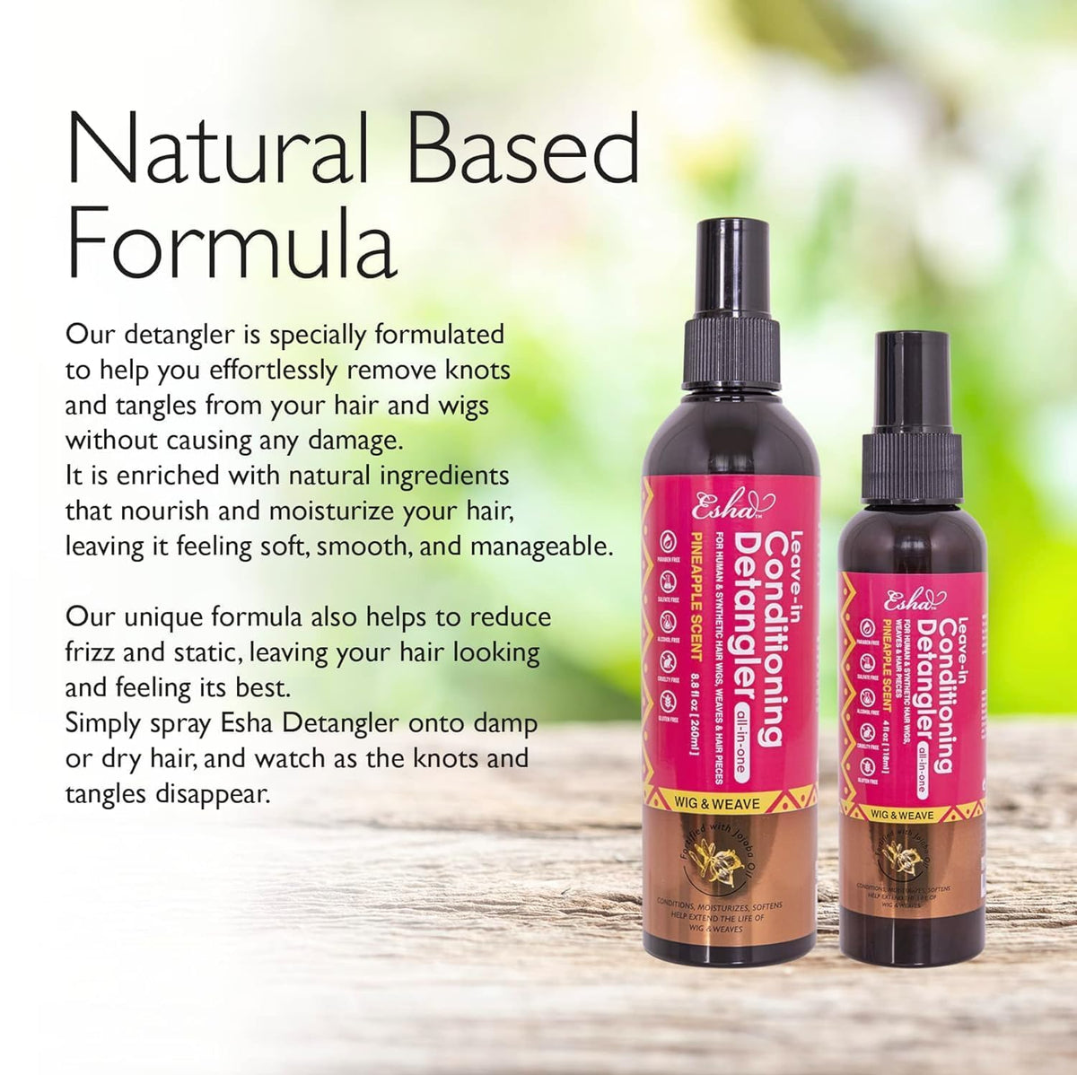Esha mist on human hair illustrating added softness and shine