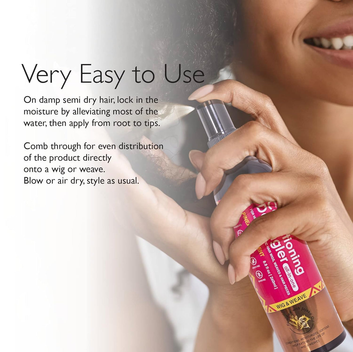 Esha mist on synthetic fiber demonstrating detangling benefit