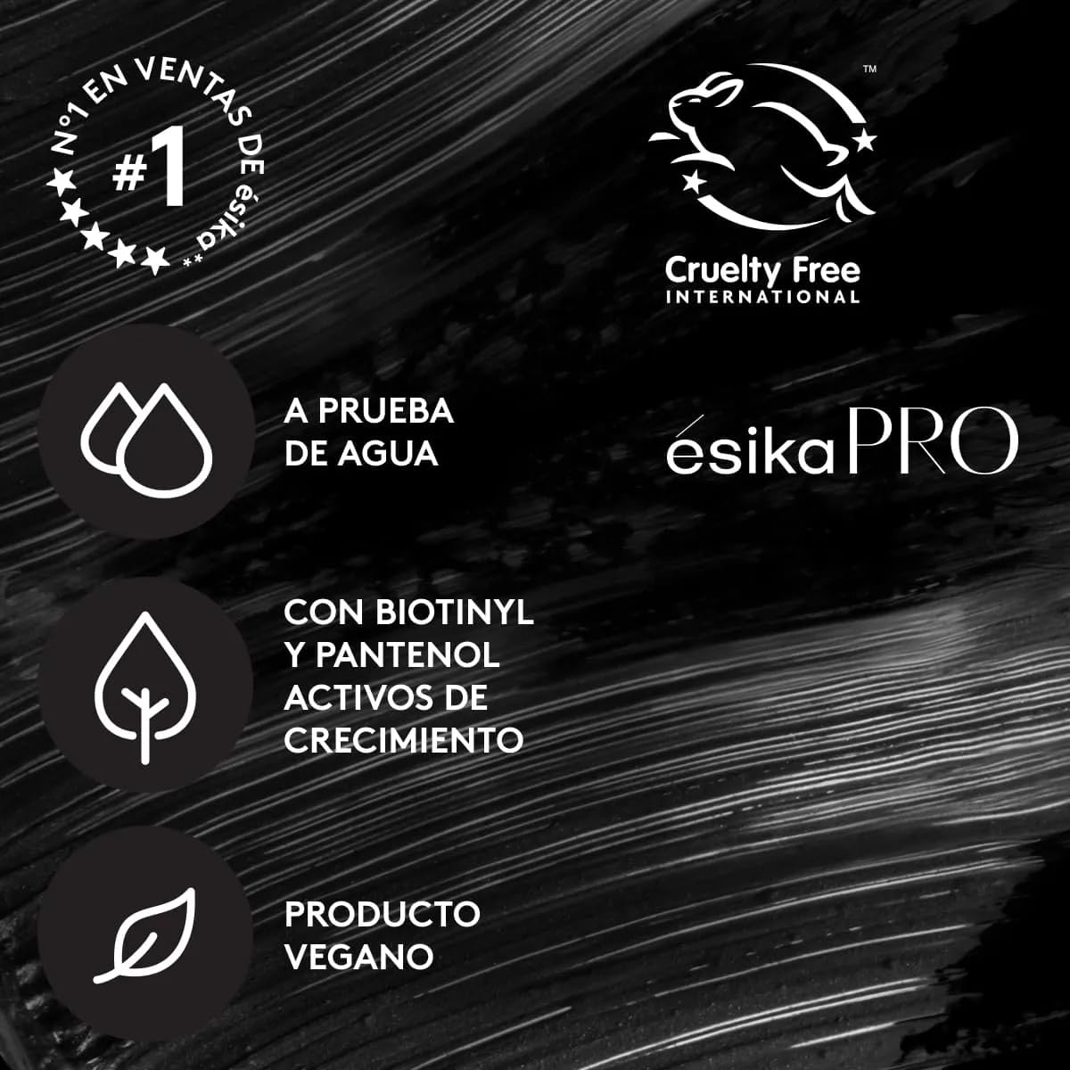 ESIKA Pro Mega mascara texture swipe showing gel formula and clump-free finish