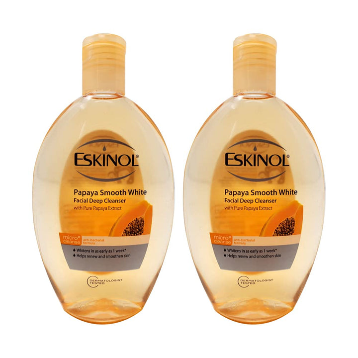 Eskinol front packaging showing two papaya cleanser bottles and clear product benefit