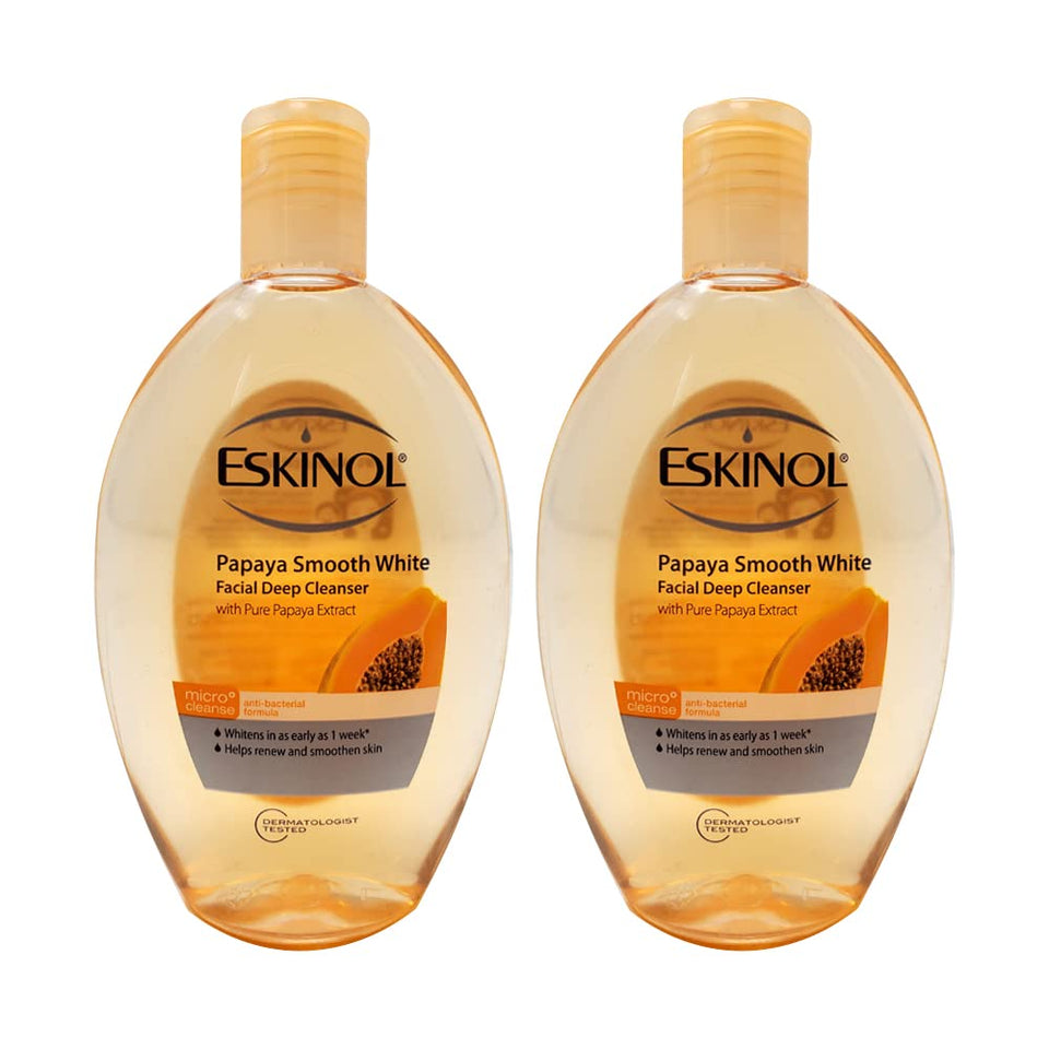 Eskinol front packaging showing two papaya cleanser bottles and clear product benefit