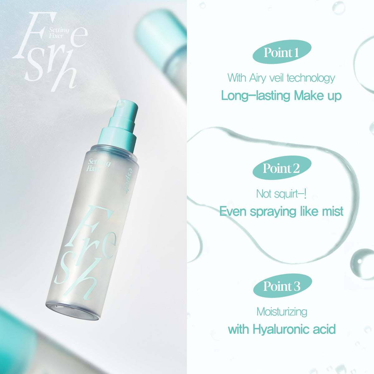 Espoir spray nozzle action emitting fine mist to evenly set makeup