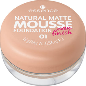 Essence Cosmetics front packaging of the mousse foundation showing compact design and shade 01 benefit: easy storage