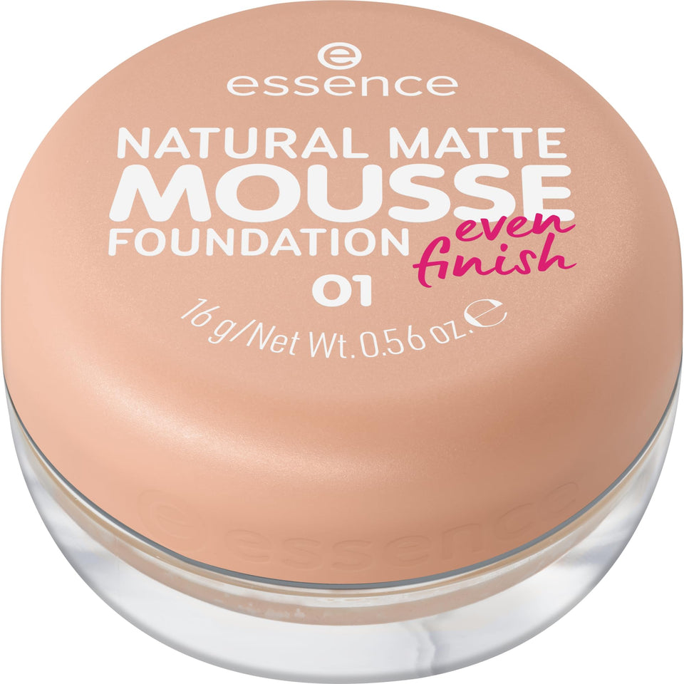 Essence Cosmetics front packaging of the mousse foundation showing compact design and shade 01 benefit: easy storage