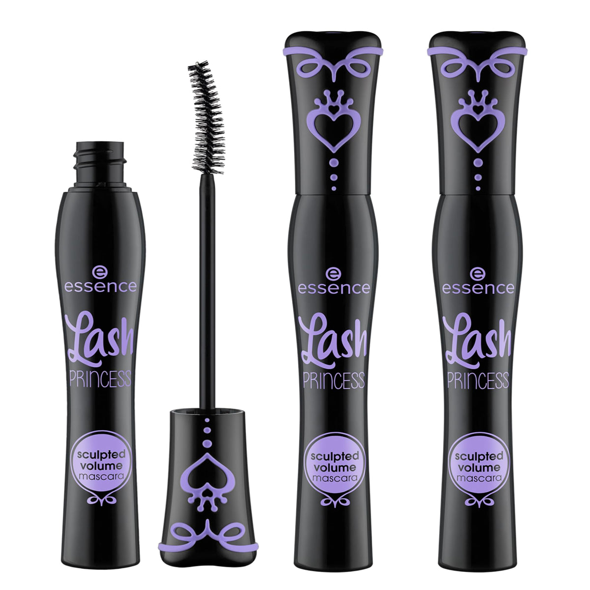 Essence Cosmetics front packaging showing three black mascara tubes for value