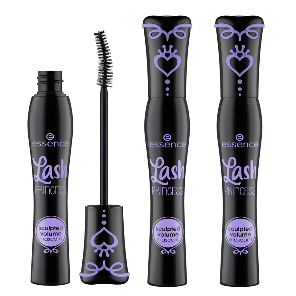 Essence Cosmetics front packaging showing three black mascara tubes for value