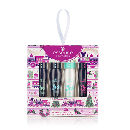 Essence Cosmetics front packaging showing four mascaras and festive design benefit gift-ready