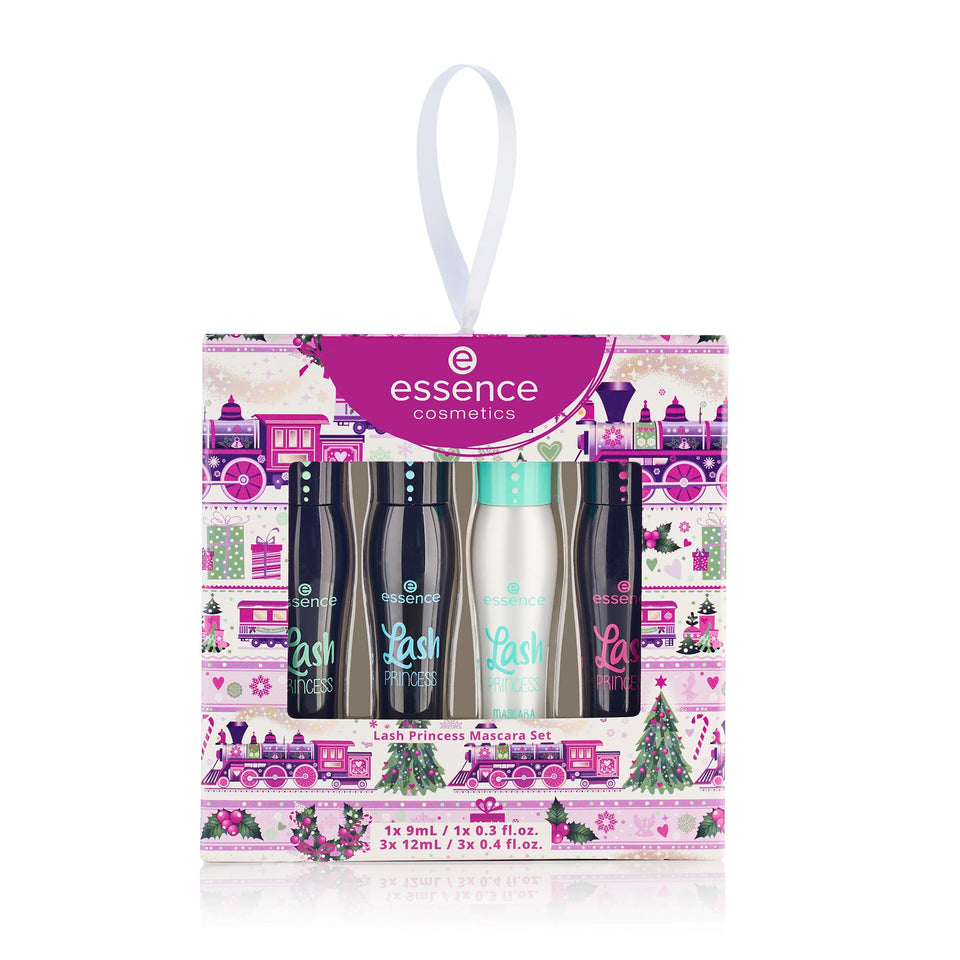 Essence Cosmetics front packaging showing four mascaras and festive design benefit gift-ready