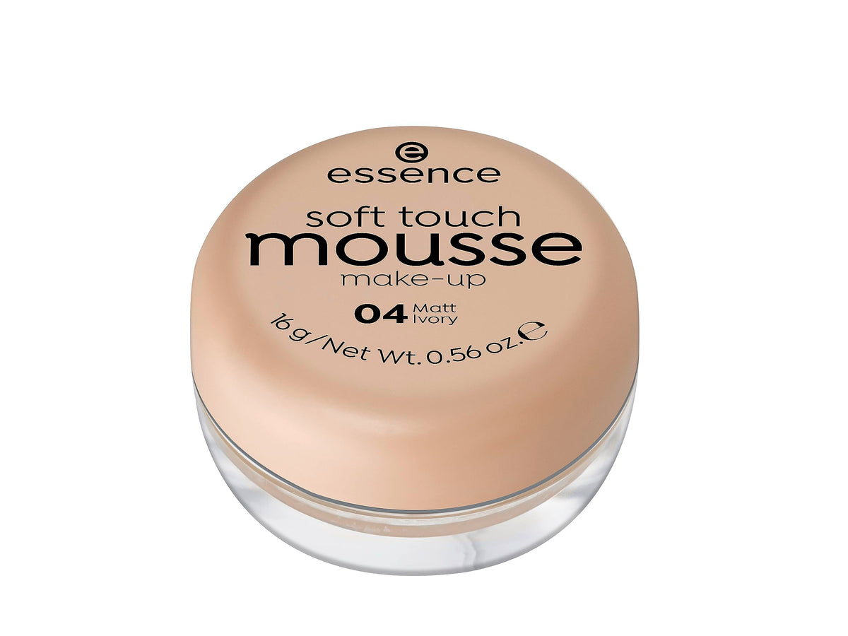 Essence mousse foundation front packaging shows shade 04 Matt Ivory and product benefit