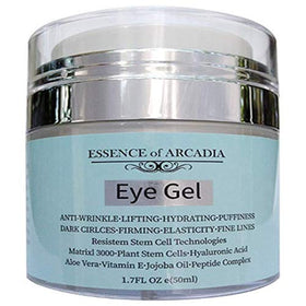 Essence Of Arcadia eye gel with fresh aloe vera leaves highlighting soothing hydration