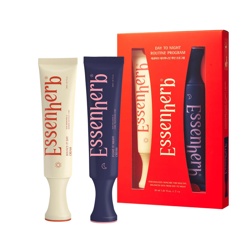 ESSENHERB front packaging showing day and night creams, easy travel routine benefit