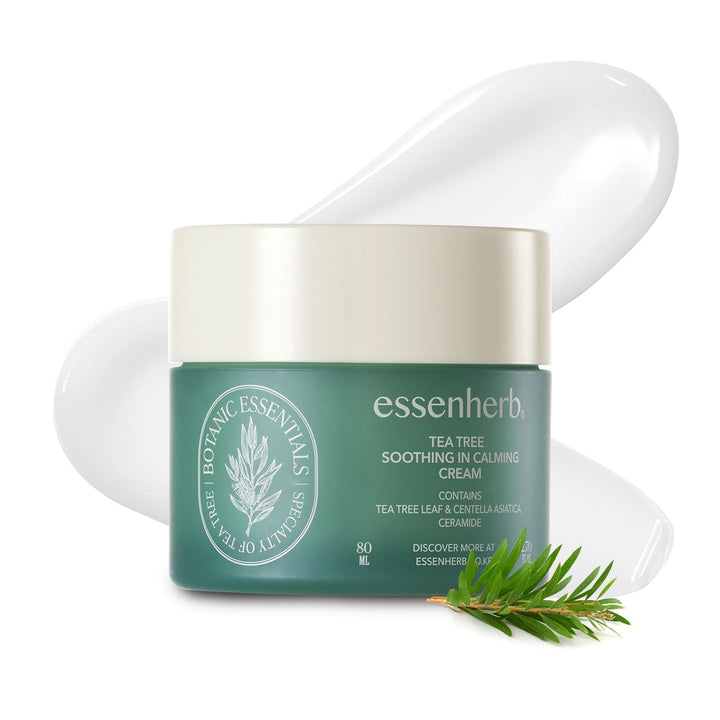 ESSENHERB front jar packaging showing tea tree calming cream, reassuring hydration