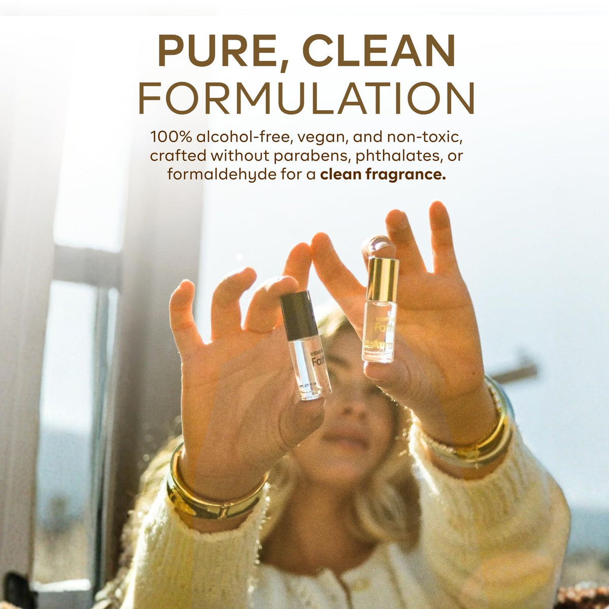 Essential Faith oil texture closeup displaying rich carrier oil and lasting scent benefit
