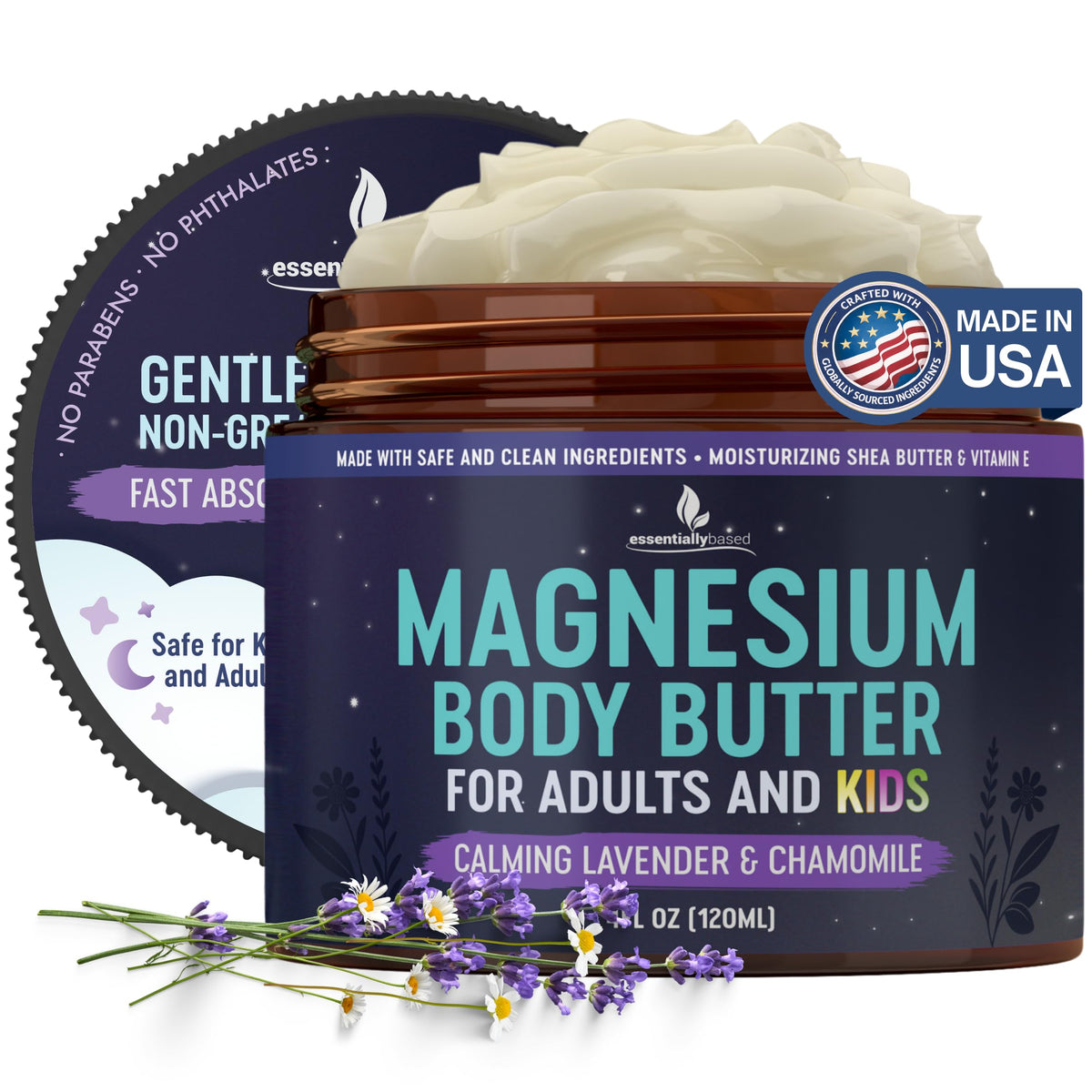 Essentially Based front jar view showing label and calming lavender chamomile scent
