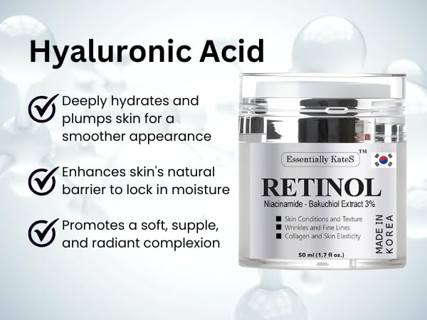 Essentially KateS ingredient display with hyaluronic acid and bakuchiol bottles emphasizing science-led formula