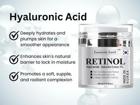Essentially KateS ingredient display with hyaluronic acid and bakuchiol bottles emphasizing science-led formula